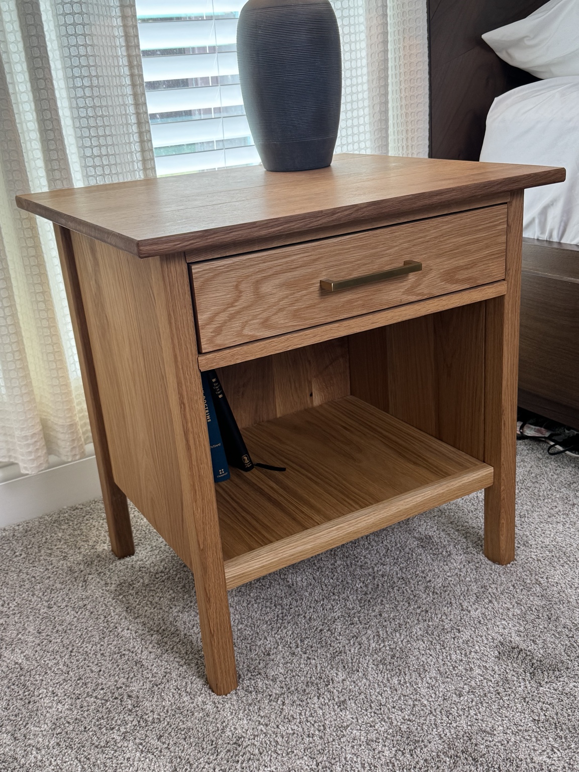 White oak nightstand with a drawer and open lower shelf